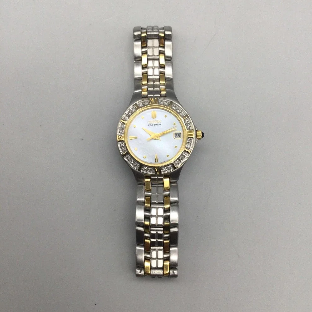 Citizen Eco-Drive Womens Watch 25mm White Dial Silver Gold Tone Diamond 6.25